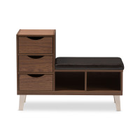 Baxton Studio B-001-Walnut Arielle Walnut Brown Wood 3-Drawer Shoe Storage Padded Leatherette Seating Bench with Two Open Shelves